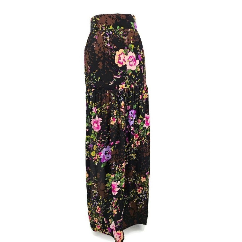 New Flynn Skye Maxi Skirt Womens XS Black Pink Floral Print Two Slits
